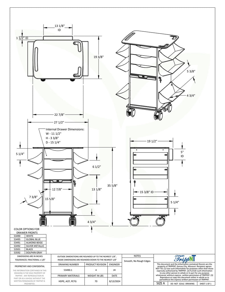 TrippNT 53491 Core CL Cart Almond Beige Drawers Angle View Suture Shelves