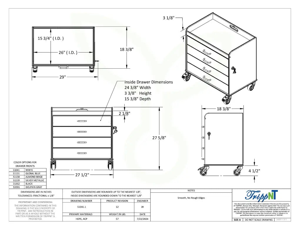 TrippNT 51138 Extra Wide Compact Cart Almond Beige Drawers Angle View