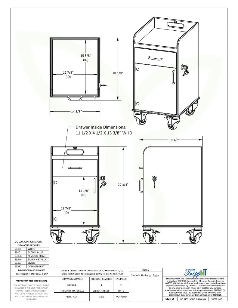 TrippNT 53549 Bedside Cart Silver Metallic Drawer Angle View Recessed Tray Top
