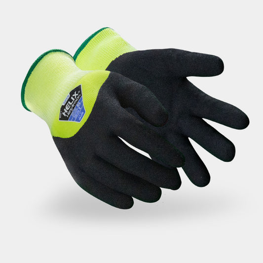 HexArmor Helix 2059 Hi-Vis Winter Work Gloves — Box of 12 pairs | ANSI Cut A4, Sandy Nitrile Palm
