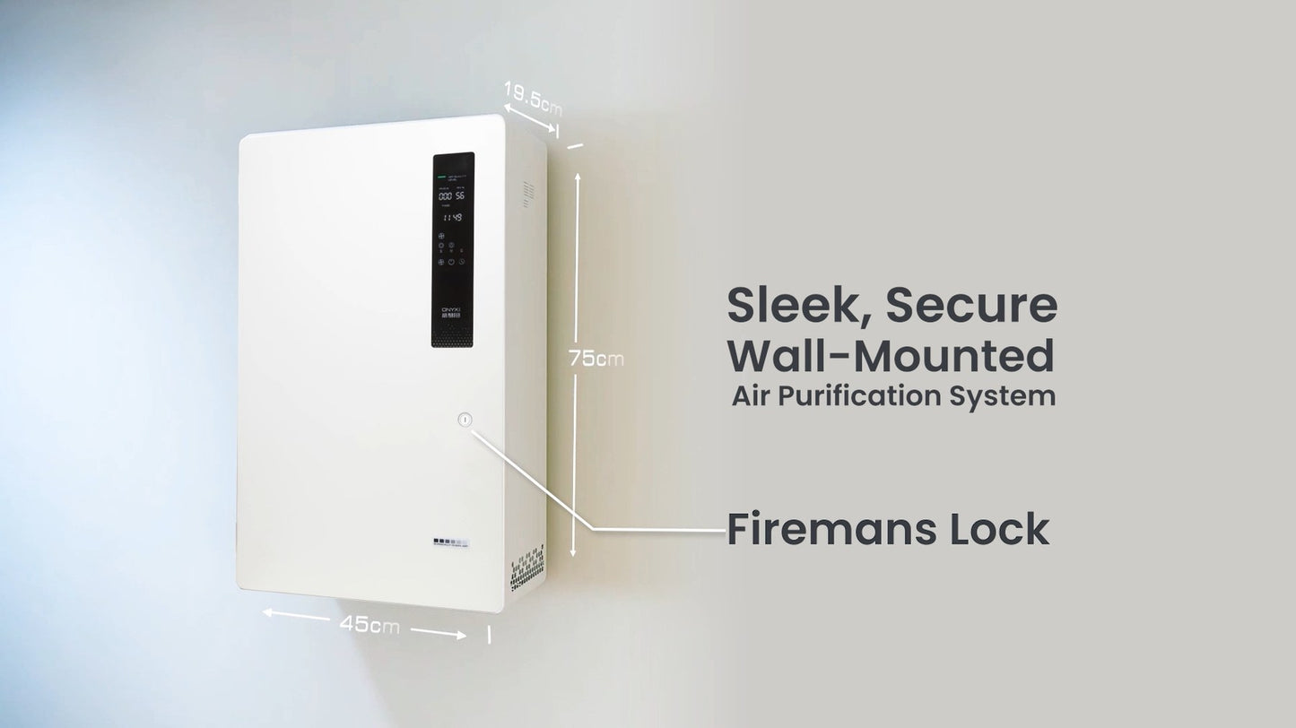 ONYXsca air purifier mounted on a wall showing its slim 7.68 inch depth and fireman's lock