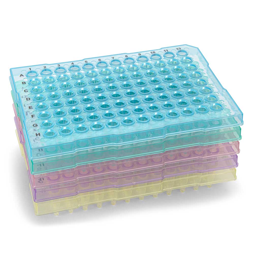 0.2 mL 96-Well PCR Plates, Half-Skirt ABI-Style, Flat Top, PP — Assorted Colors, 50/Pack | Globe Scientific