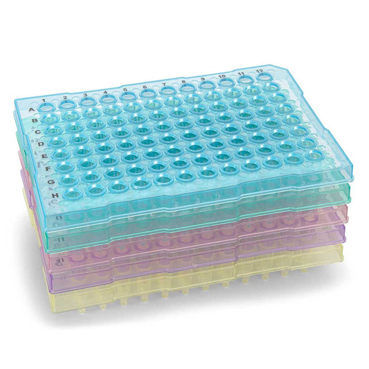 0.2 mL 96-Well PCR Plates, Half-Skirt ABI-Style, Flat Top, PP — Assorted Colors, 50/Pack | Globe Scientific
