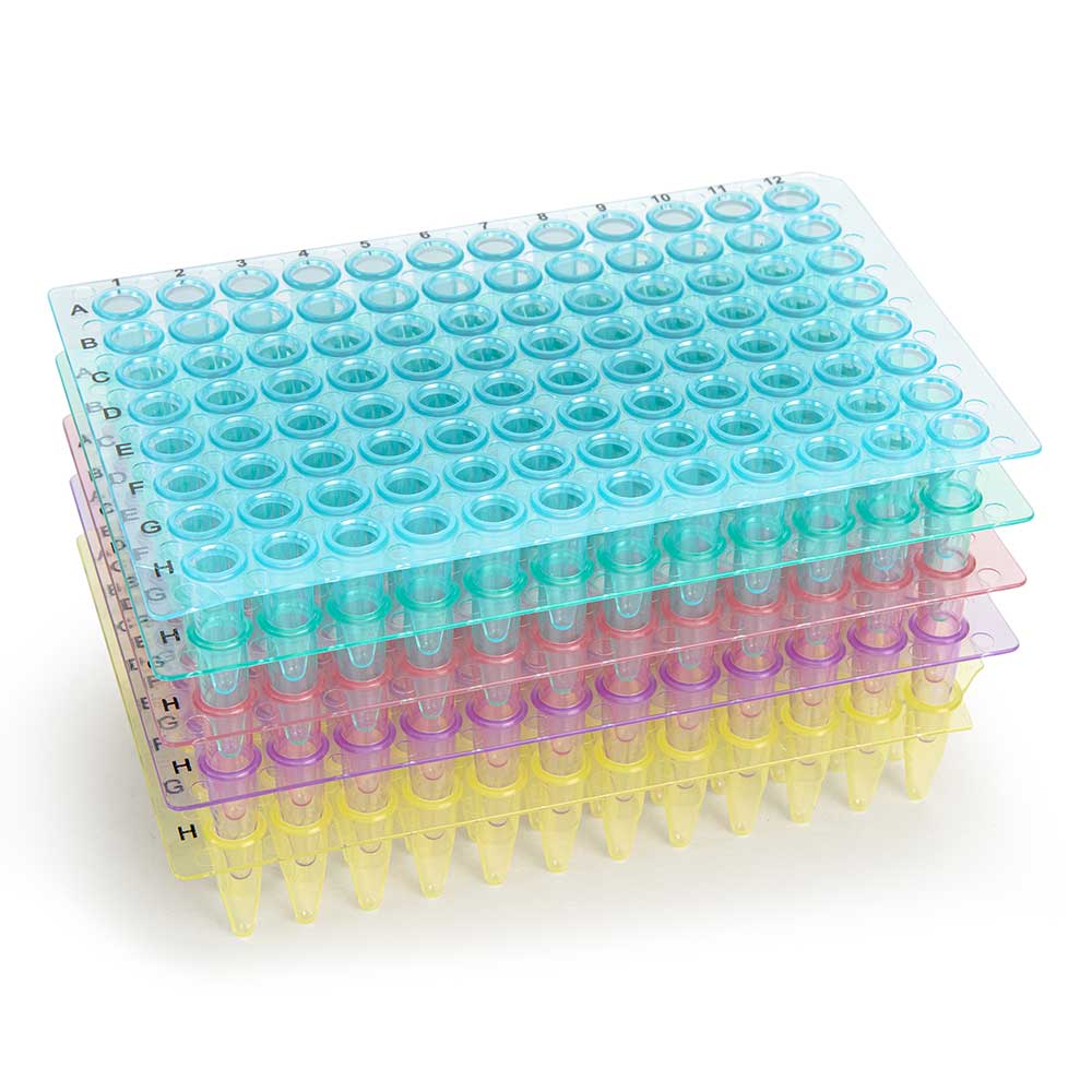 0.2 mL 96-Well PCR Plates, No Skirt, Flat Top — Assorted Colors, 50/Pack | Globe Scientific