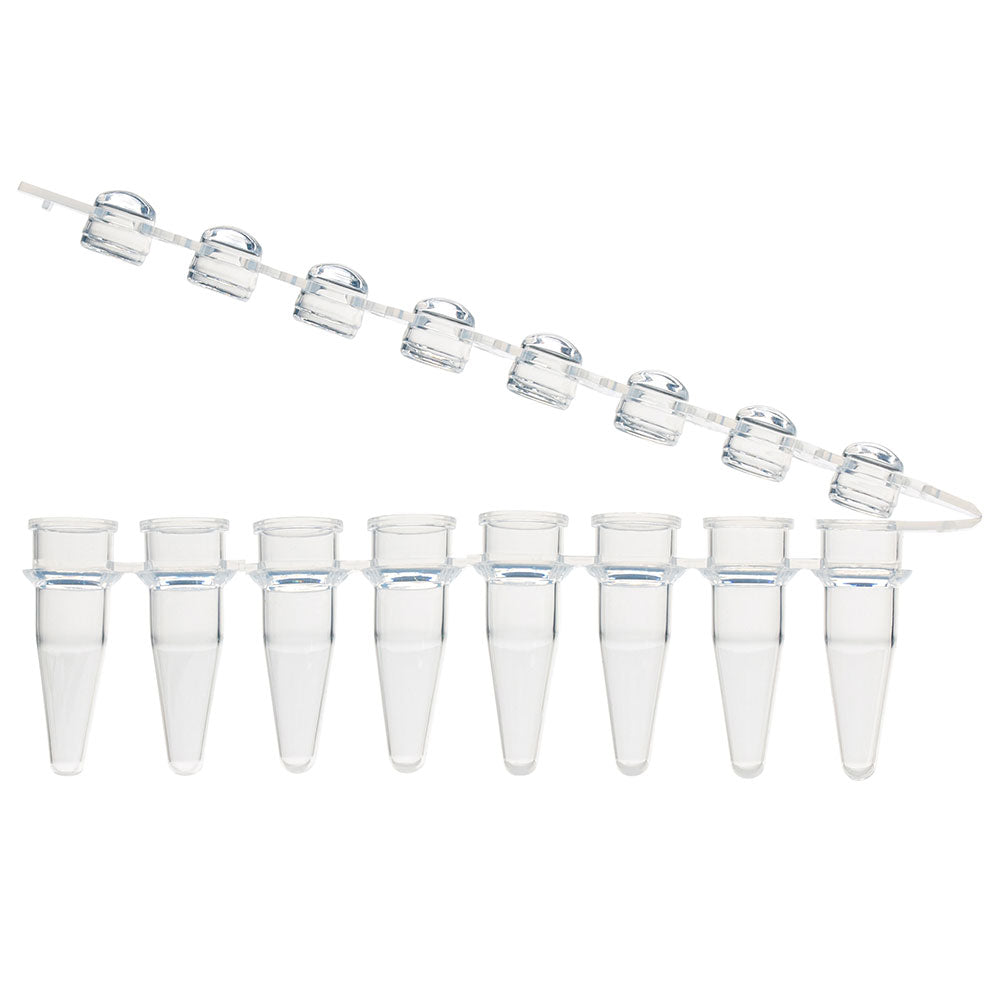 0.2 mL PCR 8-Strip Tubes, Attached Hinged Dome Caps, Natural — 1 Pack (125 Strips) | Globe Scientific