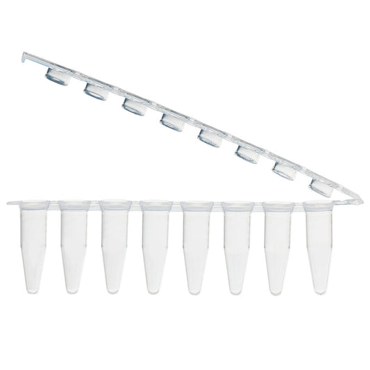 0.2mL 8-Strip Tubes, Hinged Attached 8-Strip Clear Flat Caps, Natural