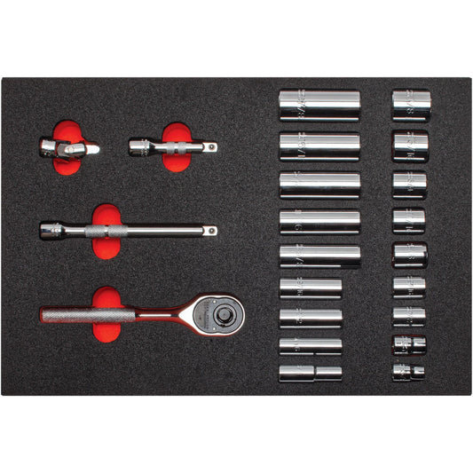 Proto 3/8 in. Drive 6-Point Socket Set With Classic Pear Head Ratchet and Foam (22 pc.) J52134KV