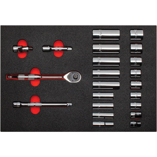 Proto 3/8 in. Drive 12-Point Socket Set With Classic Pear Head Ratchet and Foam (22 pc.) J52136HTCKV