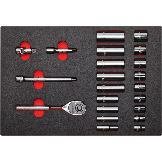 Proto 3/8 in. Drive 12-Point Socket Set With Classic Pear Head Ratchet and Foam (22 pc.) J52136KV