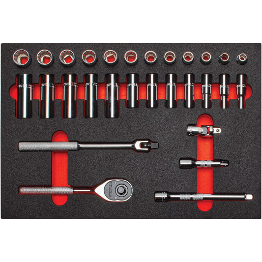 Proto 3/8 in. Drive 12-Point Socket Set With Classic Pear Head Ratchet With Foam (29 pc.) J52222KV