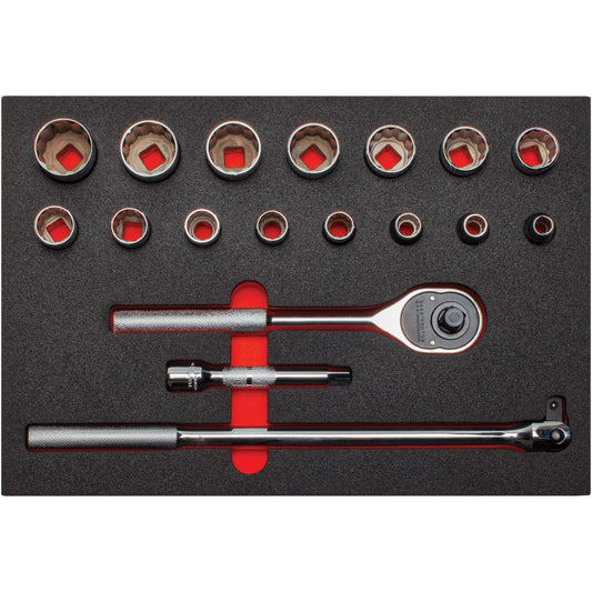 Proto 1/2 in. Drive 12-Point Velocity Socket Set With Classic Pear Head Ratchet and Foam (18 pc.) J54120KV