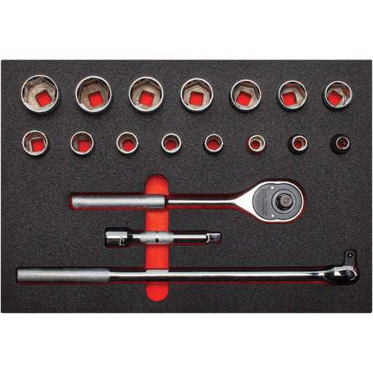Proto 1/2 in. Drive 6-Point Socket Set With Classic Pear Head Ratchet and Foam (18 pc.) J54122KV