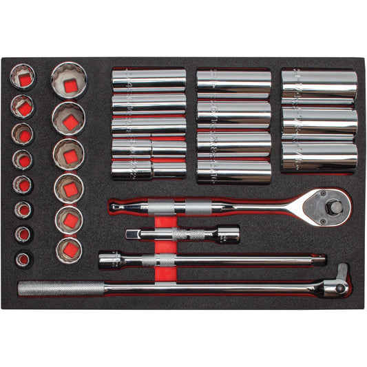 Proto 1/2 in. Drive 12-Point Socket Set With Precision 90 Pear Head Ratchet With Foam (30 pc.) J54126HTCKV