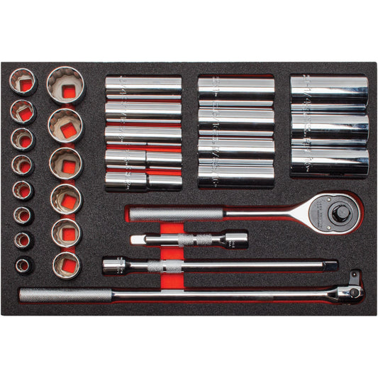Proto 1/2 in. Drive 12-Point Socket Set With Classic Pear Head Ratchet With Foam (30 pc.) J54126KV