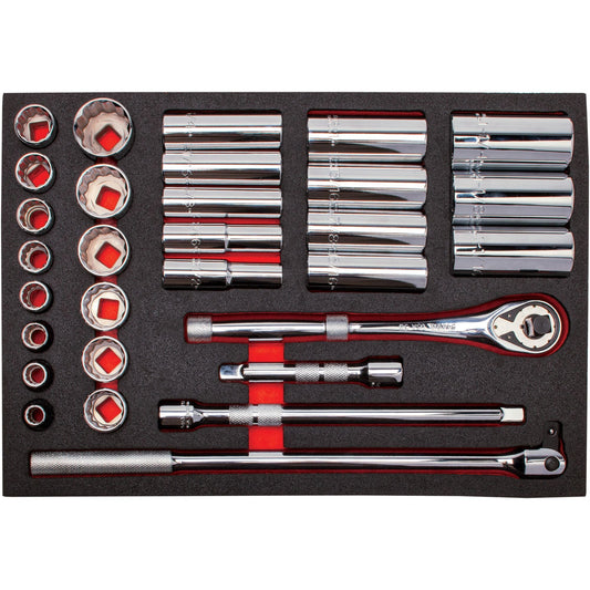 Proto 1/2 in. Drive 12-Point Socket Set With Premium Pear Head Ratchet With Foam (30 pc.) J54126XLKV