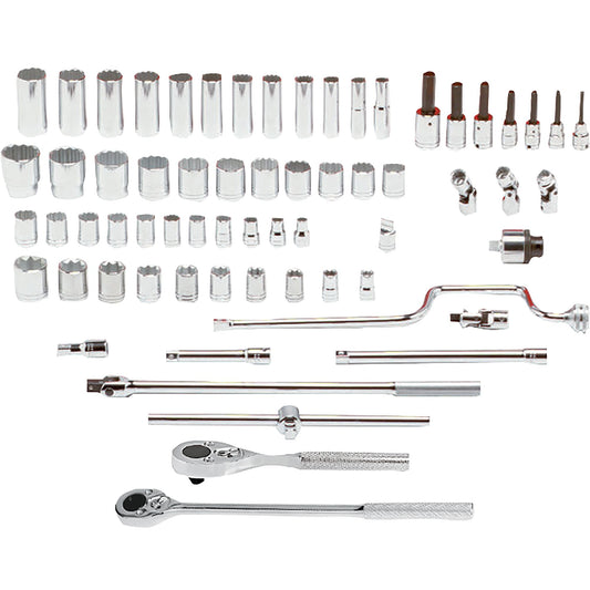 Proto 1/2 in. Drive 8 & 12 Point Velocity Full Polish Combination Socket Set With Foam (65 pc.) J54132KV