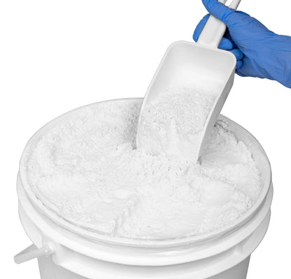 Heathrow Scientific sterile sampling scoop taking powder from a bucket