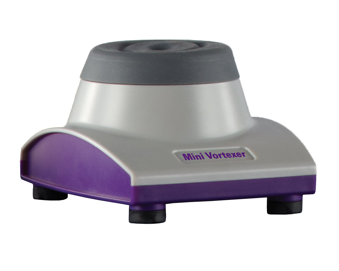 Heathrow Scientific 120567 mini vortex mixer grey purple 4500 RPM 6mm orbit ABS silicone 2-50mL touch start universal 100-240V 5-year warranty
