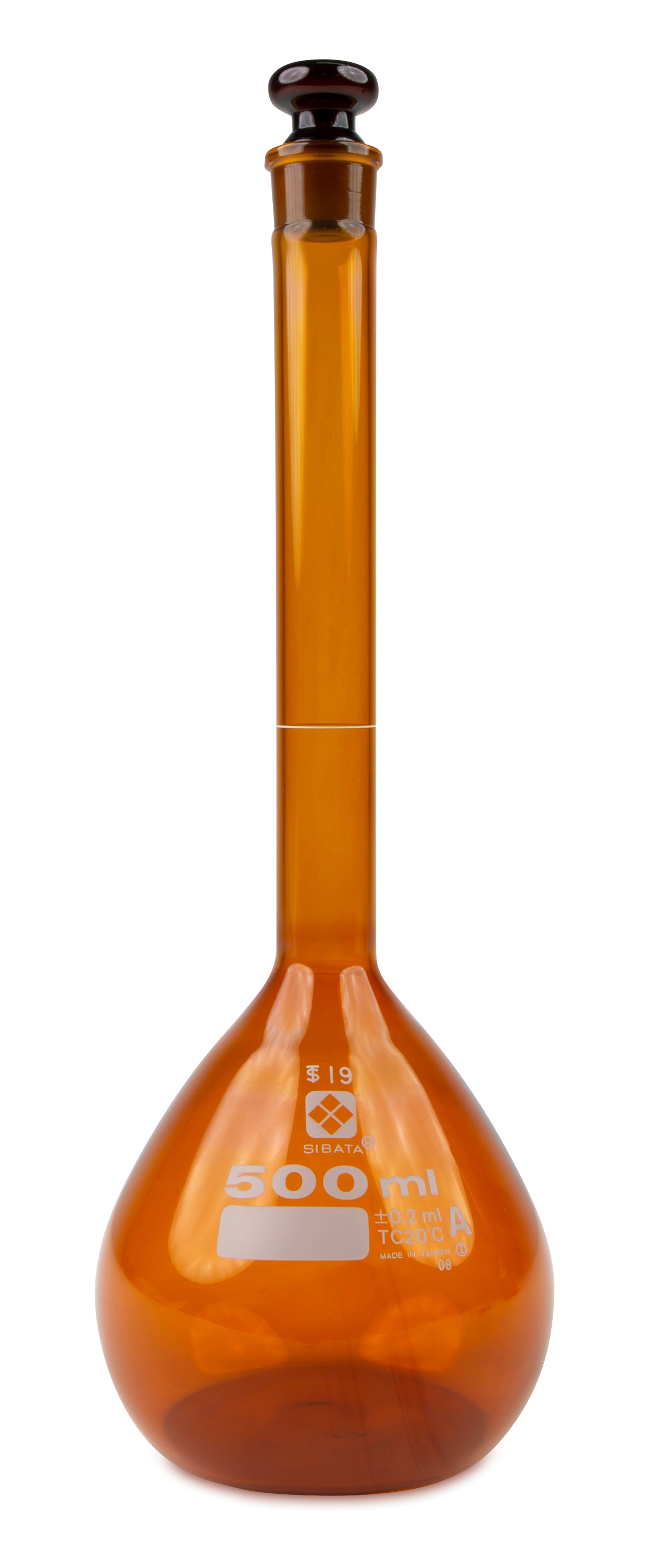 2307A-500 - SIBATA Amber Class A Volumetric Flask 500 mL Low-Actinic Glass Stopper