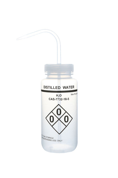 Heathrow Scientific Safety Labeled Wash Bottles 120250 — Distilled Water (Clear Cap), 120251