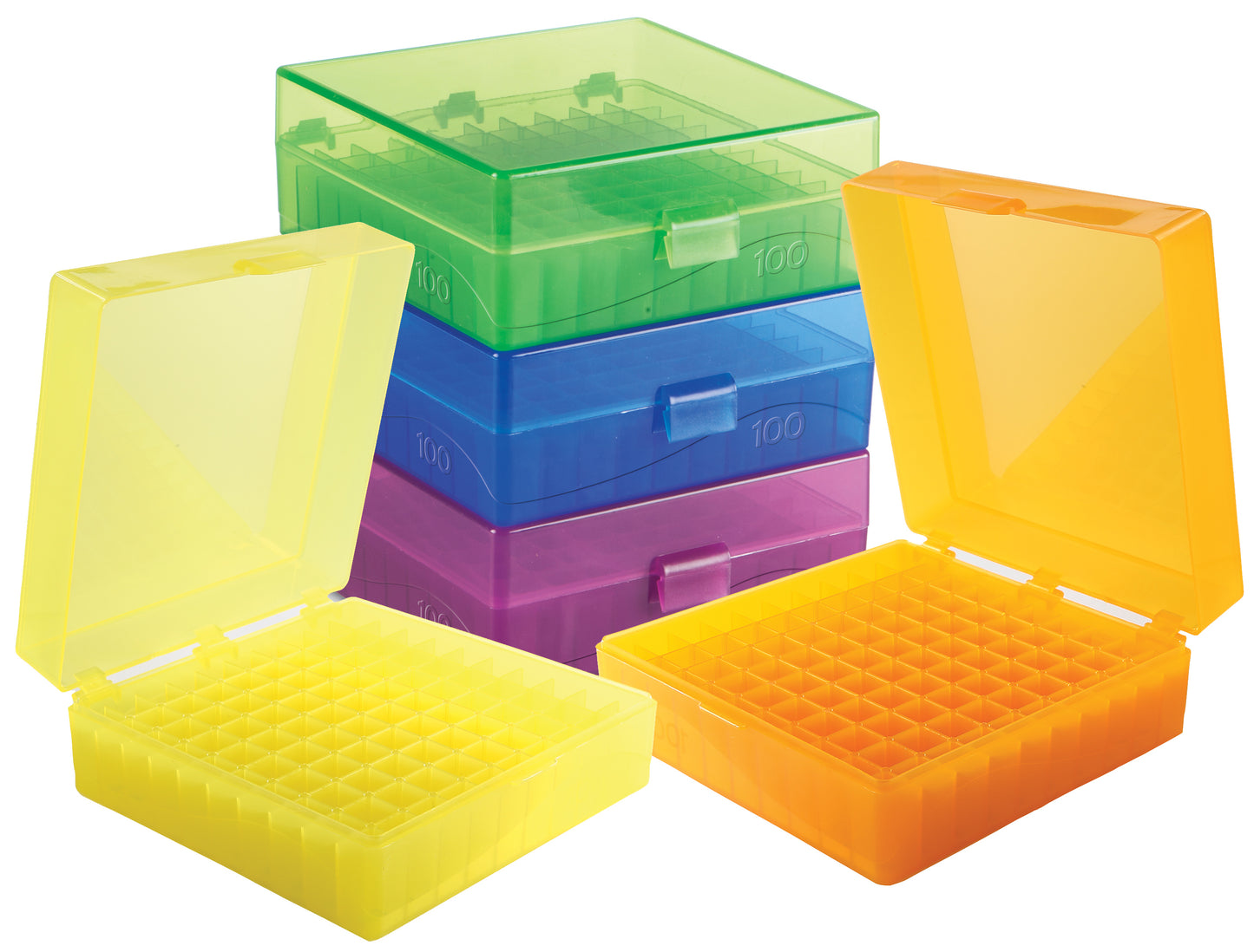 120044 - Heathrow Scientific 100-Well Hinged Microtube Storage Box, Assorted (6 Colors)